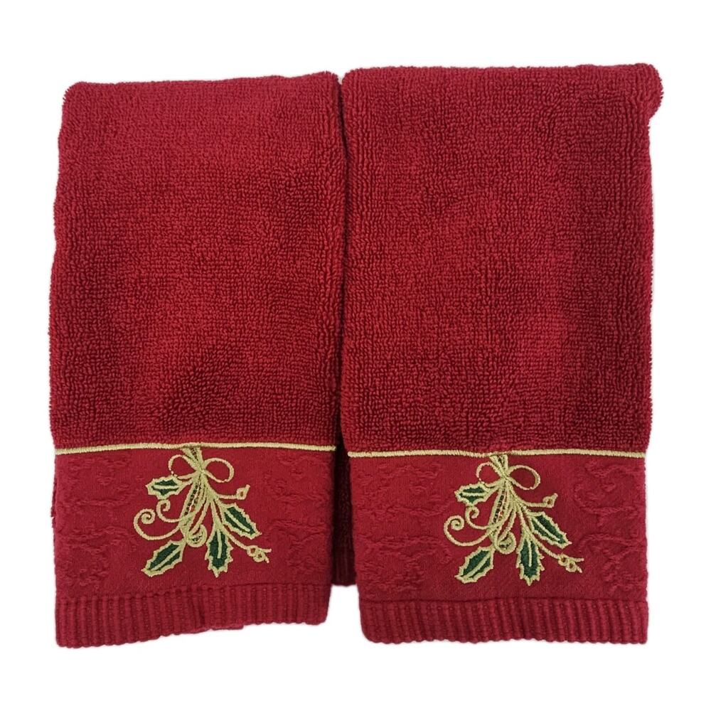 LENOX Red Ribbon Christmas Embroidered Fingertip Towel Set Of 2 NWOB